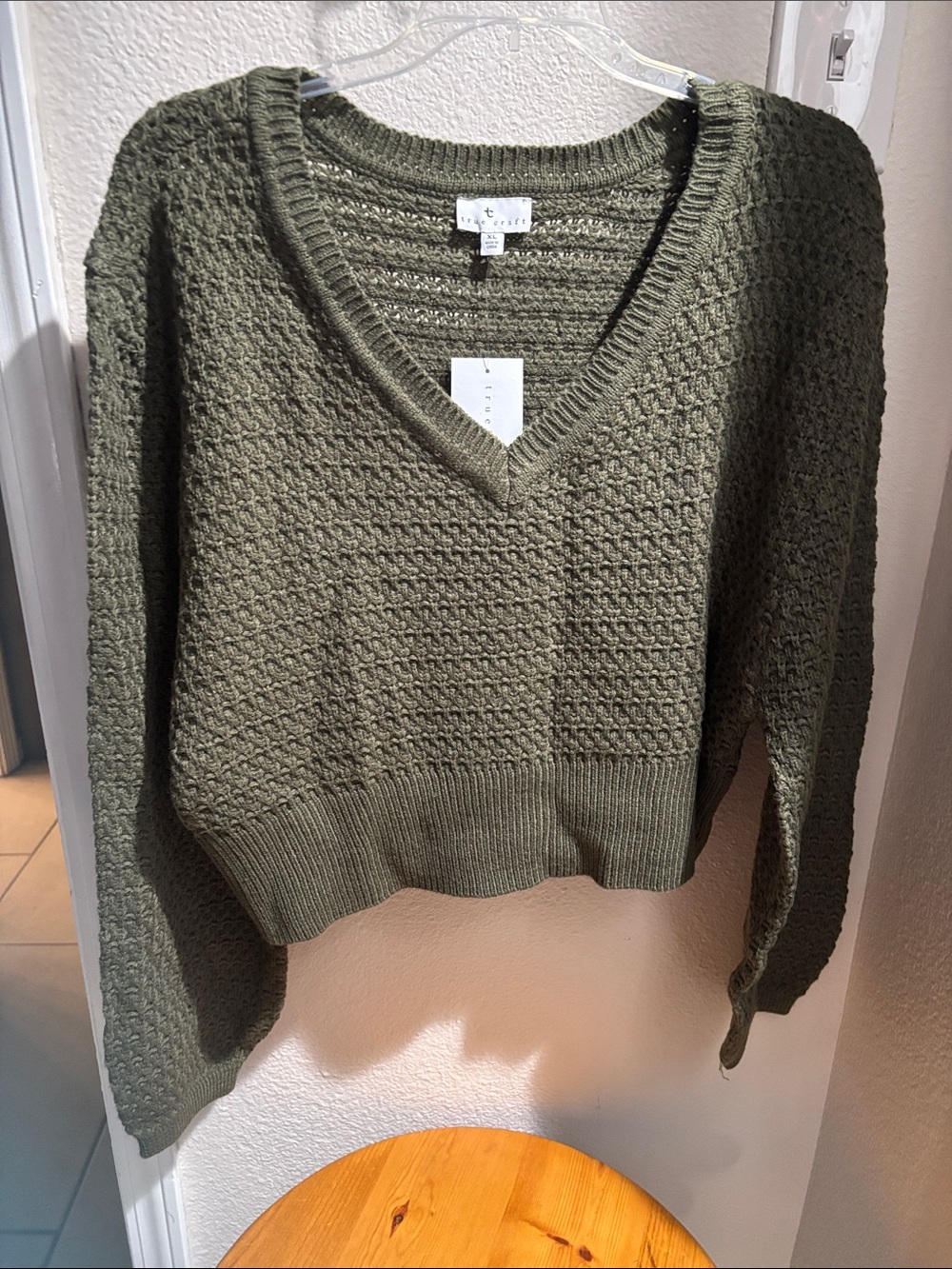 True Craft Olive Crew V-Neck Textured Knit Sweater XL NWT